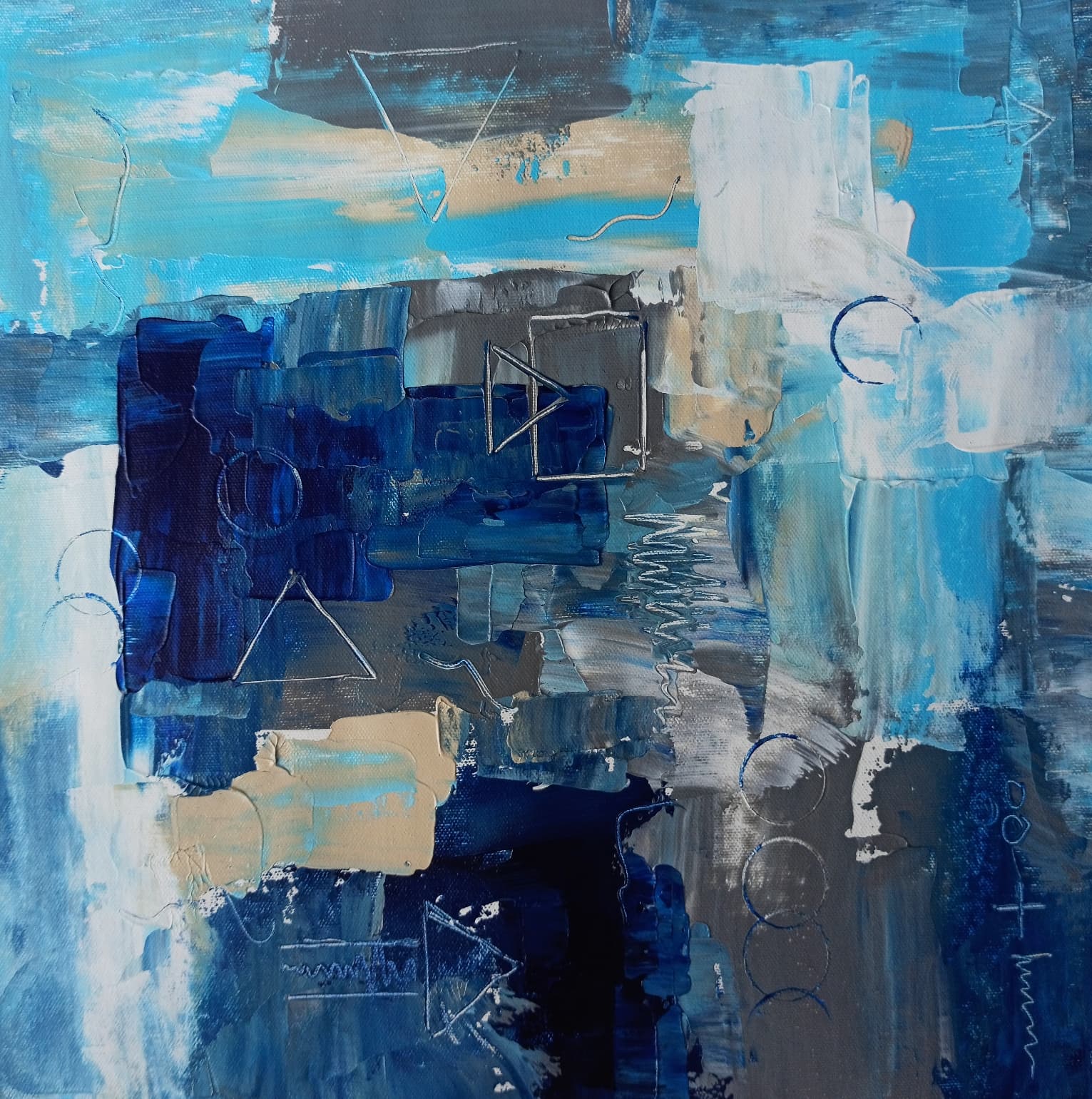Sky blue, navy and cream blocks stacked across the canvas, with scratched triangles and circles
