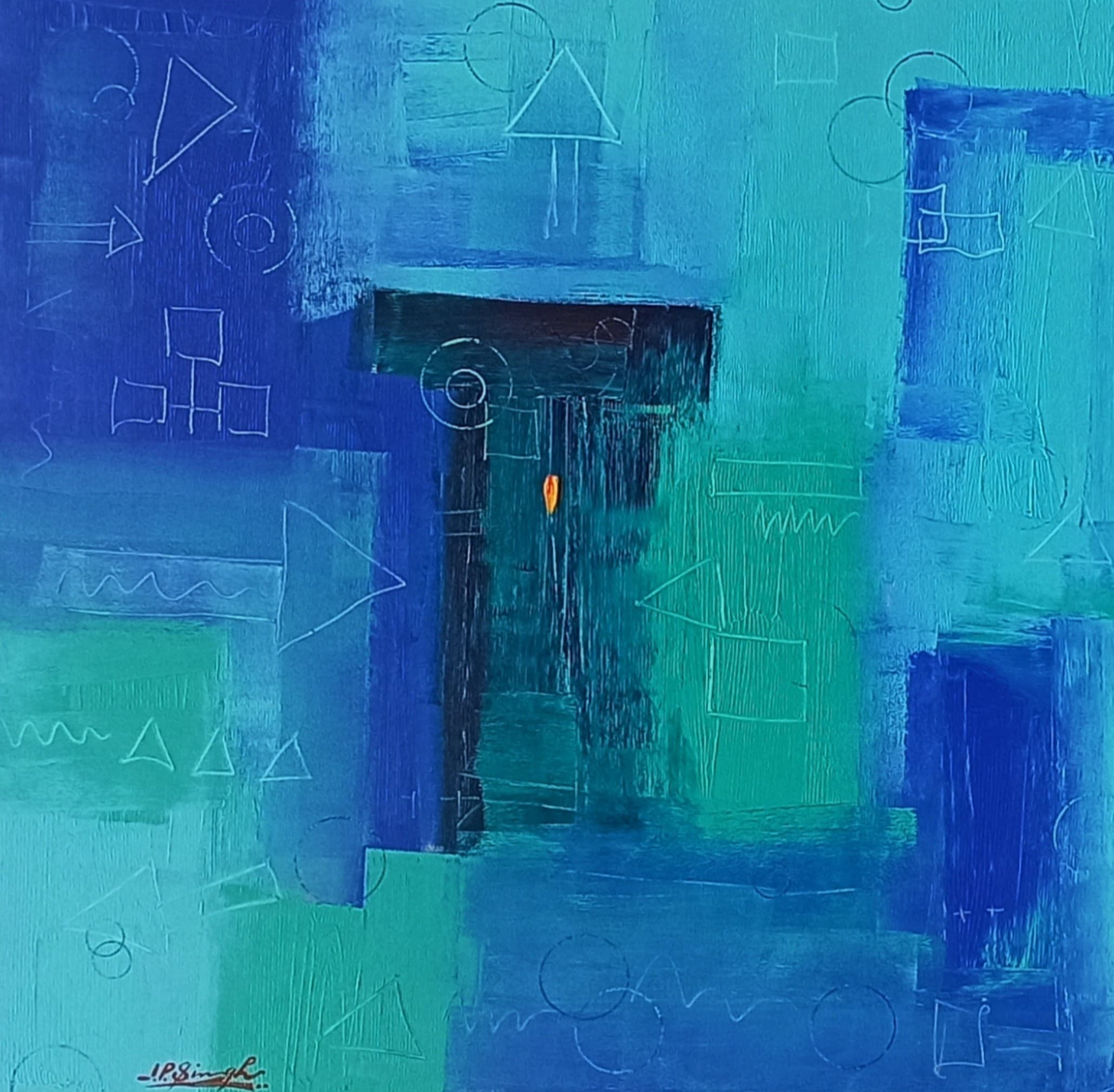 Cobalt, teal and green blocks around a dark central doorway, with a fleck of orange and signs scratched into the paint