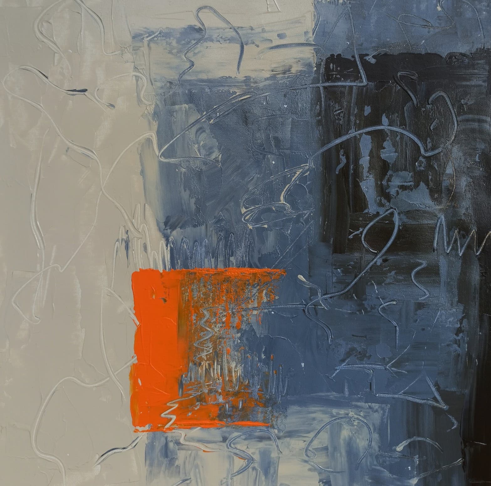 Grey and slate field with a bright orange block at lower left and scratched lines and loops