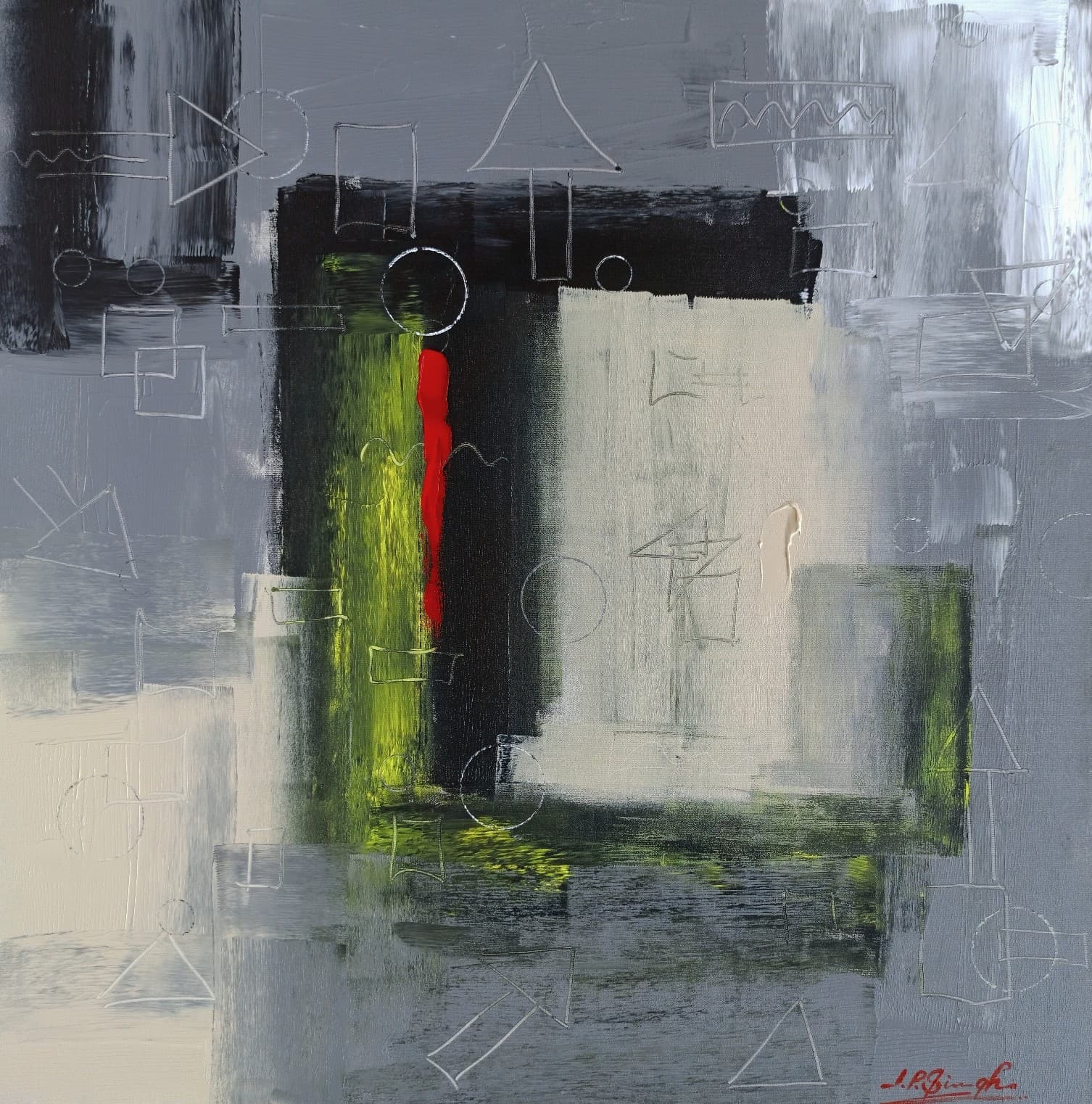 Grey field with a black and olive-green frame, a single red stroke, and scratched triangles, circles and squares