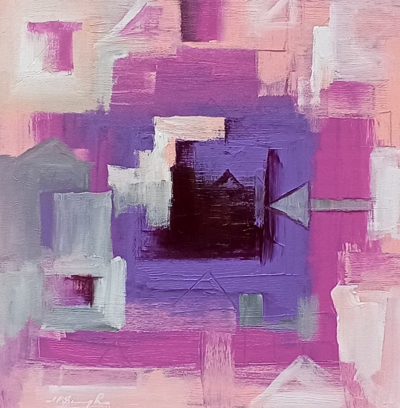 Pink, violet and white blocks around a dark plum square, with a grey arrow pointing left