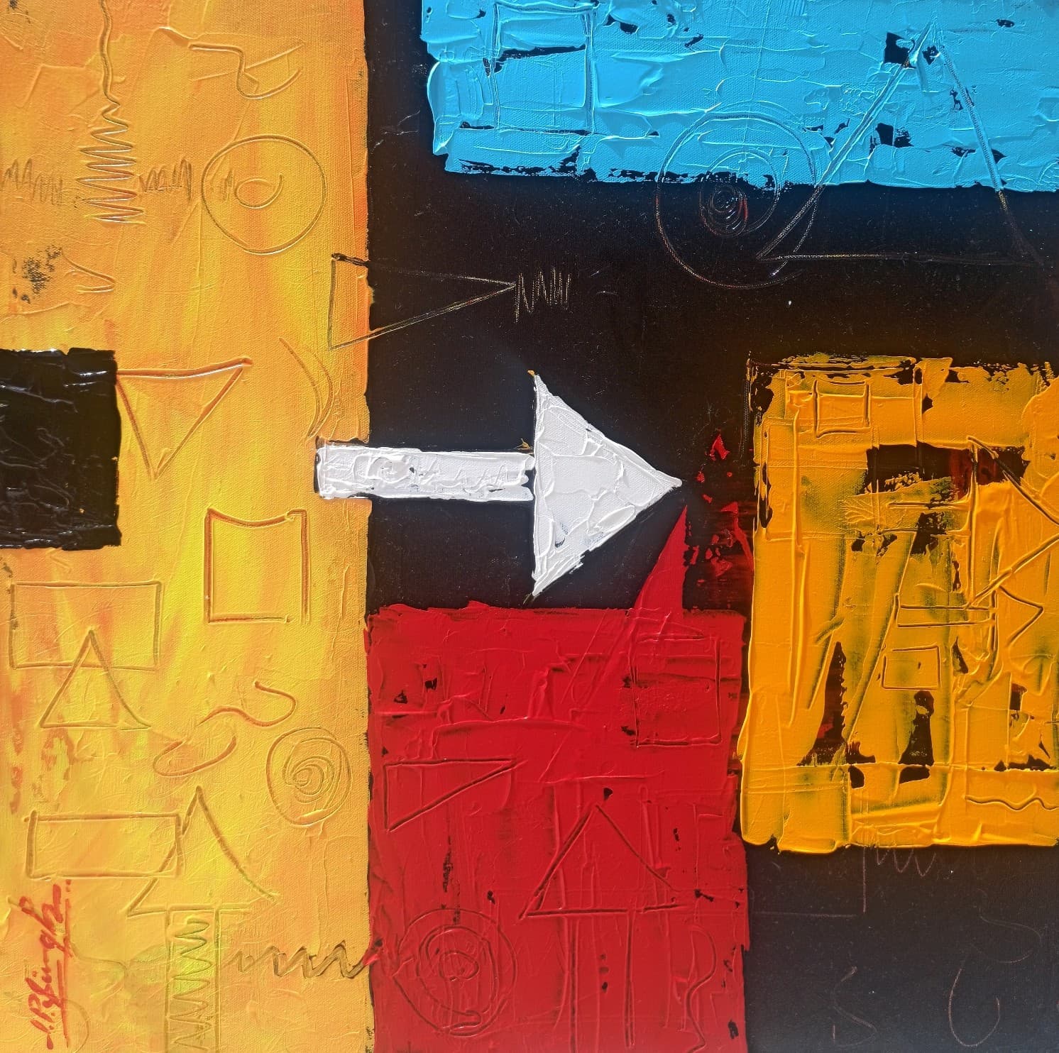 Ochre, red and black blocks under a band of bright blue, with a large white arrow pointing right and scratched triangles and circles