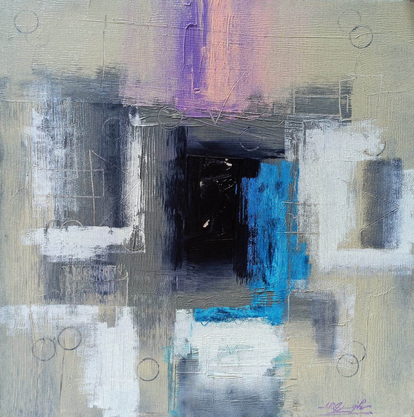 Grey and white blocks around a black centre, with touches of violet and sky blue