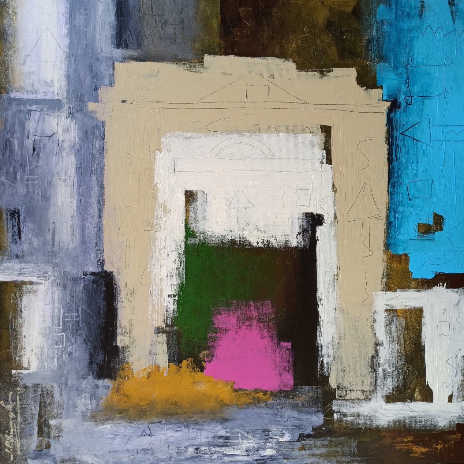 A cream gateway shape around a dark green centre with a block of magenta, edged with grey, sky blue and ochre