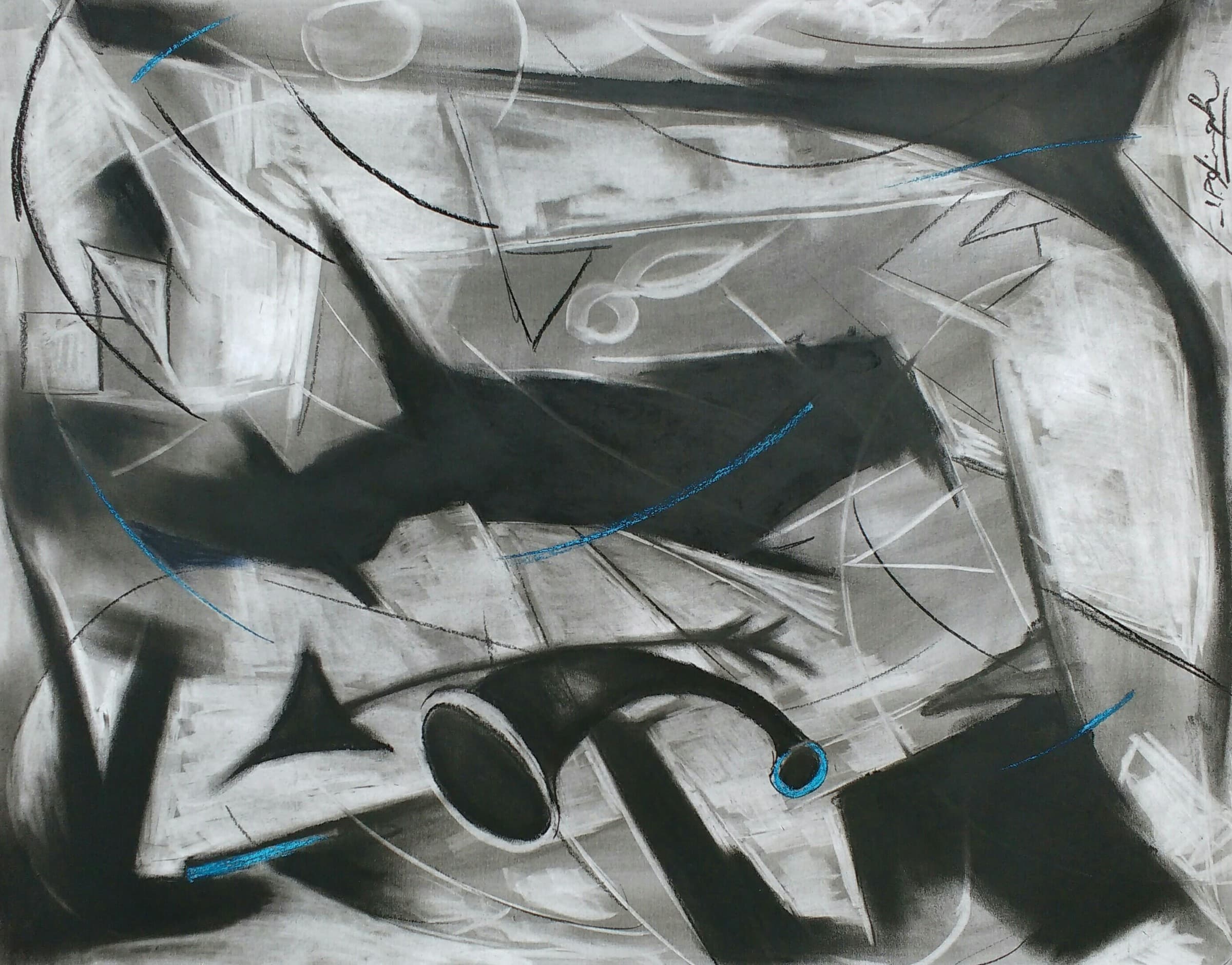 Charcoal drawing in black, white and grey of angular shapes and a horn, with a few strokes of blue