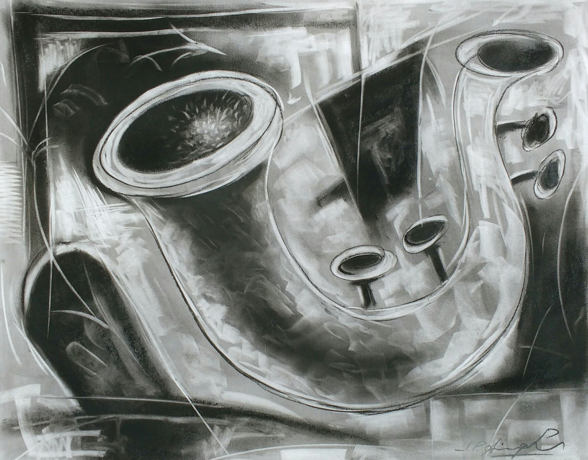 Charcoal drawing in black, white and grey of a saxophone curving across the sheet among angular shapes